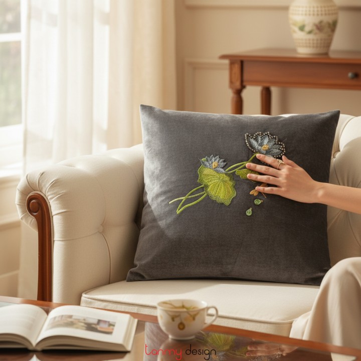 Gray velvet cushion cover with green flower decorations 45x45 cm